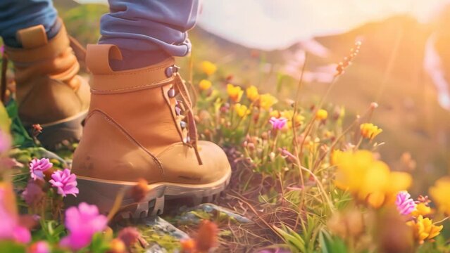 Mountain Trail Adventure. Follow the journey of a hiker's feet in boots, trekking along a mountain path surrounded by vibrant wildflowers, embracing the essence of exploration and nature's beauty.
