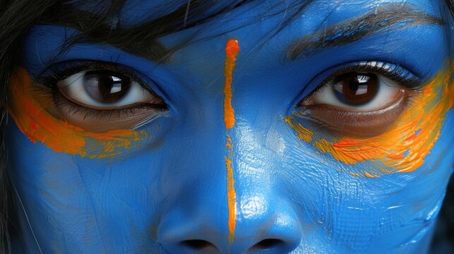  A portrait of a woman wearing vibrant blue and orange makeup, with her eyes painted in contrasting colors