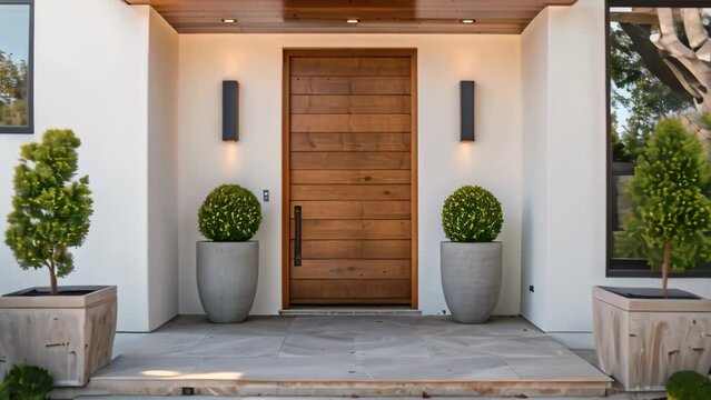 Welcoming Modern Home Entrance. The entrance of a modern home, featuring a stylish wood door and flanked by elegant potted topiaries, embodies sophistication and warmth.