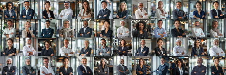 Collage mosaic of photos of businessmen men and women of different races and ages, active business people, banner