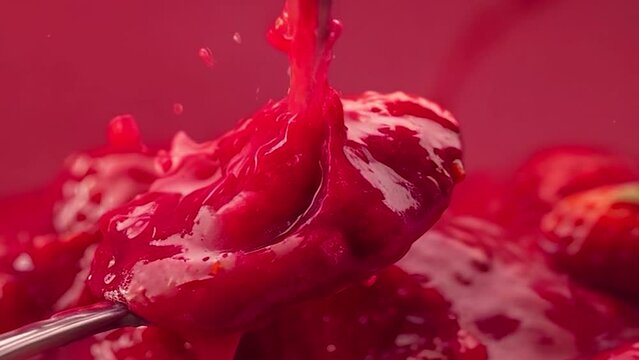 Strawberry jam in a spoon close-up. Selective focus. Food.