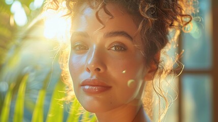 Young woman in a reflective skincare moment, applying hydration boost serum, basked in the soft glow of early dawn light - obrazy, fototapety, plakaty
