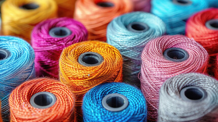 Colorful cotton threads on tailor textile fabric background with various spools of thread.