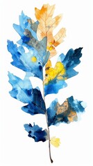 A watercolor painting of three leaves with blue and yellow colors