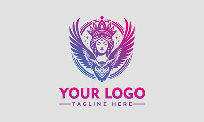 logo simple of a beautiful female goddess of wisdom with wings, a crown, and an owl neckline