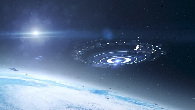 Alien saucer ufo's fleet flying toward mothership above earth

Alien invasion sci-fi concept,4K, 2024
