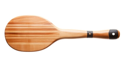 A wooden paddle with a black handle balanced delicately on a stark white background