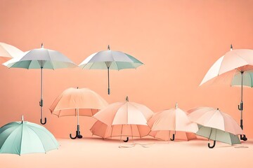 A row of dainty, pastel-colored umbrellas against a soft, pastel peach background with a subtle gradient effect - obrazy, fototapety, plakaty