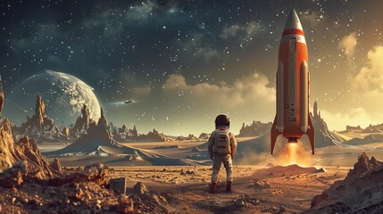 rocket starts taking off into space - obrazy, fototapety, plakaty