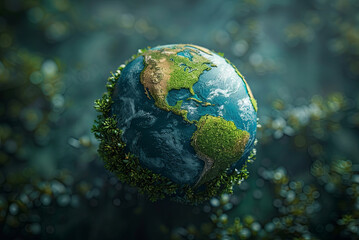 Obraz na płótnie Canvas Miniature of the planet Earth is surrounded by plants, giving it a natural and peaceful appearance. The concept of Earth Day