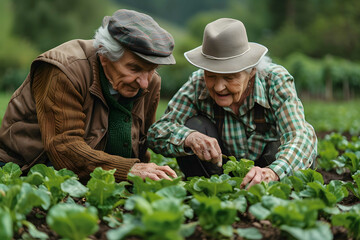An elderly couple gardening together, nurturing their plants as they nurture their relationship. Concept of lifelong companionship and connection to nature. Generative Ai. - obrazy, fototapety, plakaty