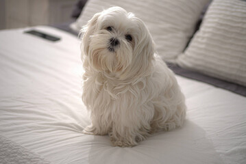 Serene Maltese Dog Lounging on a White Bed