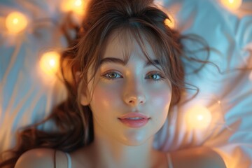 Close-up of a young woman with glowing skin applying moisturizer, her dewy complexion shining, in serene bedroom lighting - obrazy, fototapety, plakaty