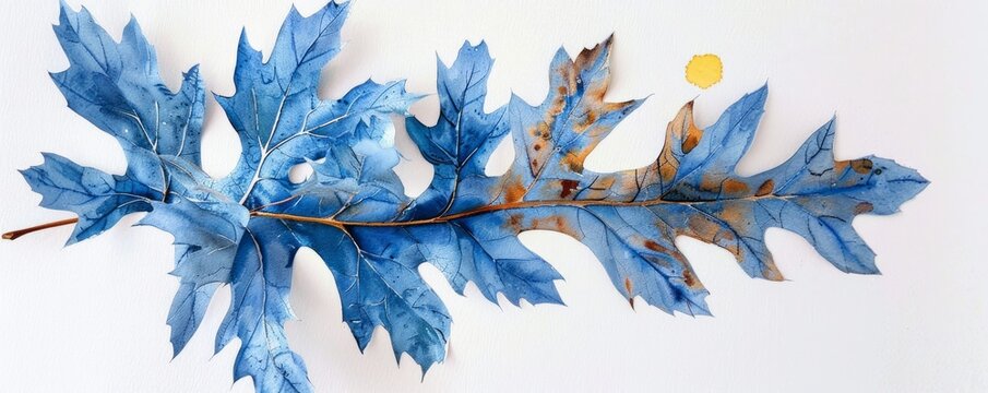 Elegant herbarium composition with a Blue Oak leaf and autumn bouquet, highlighted by a delicate yellow watercolor splash.