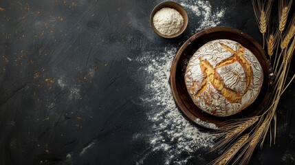 Obraz na płótnie Canvas Indulge in the art of baking with a rustic scene featuring freshly baked bread, accompanied by wheat ears and a bowl of flour, atop a dark wooden board