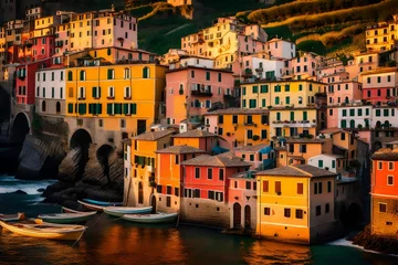 Fototapeten A cinematic photograph of Vernazza village during golden hour, with the sun casting a warm glow over the charming houses and vibrant coastline © Momina