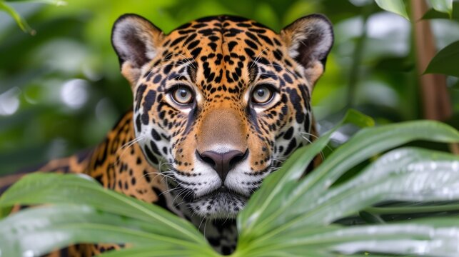  A close-up image of a leopard's face amidst vibrant foliage, with a slightly out-of-focus background of green vegetation
