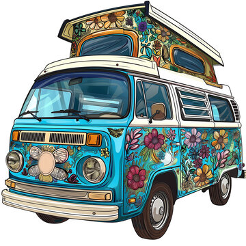 vintage blue hippe van with flowers illustration on a transparent background