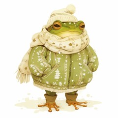 Illustration of a cute funny toad frog in a scarf in winter isolated on a light background, children's illustration for a postcard