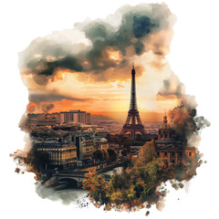 Paris city view with Eiffel Tower in dramatic lighting watercolor illustration on a transparent background - obrazy, fototapety, plakaty