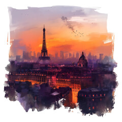 Paris city view with Eiffel Tower at sunset digital illustration in a square on a transparent background - obrazy, fototapety, plakaty