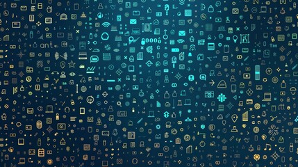 Seamless pattern of assorted tech and internet icons on dark blue background. - obrazy, fototapety, plakaty