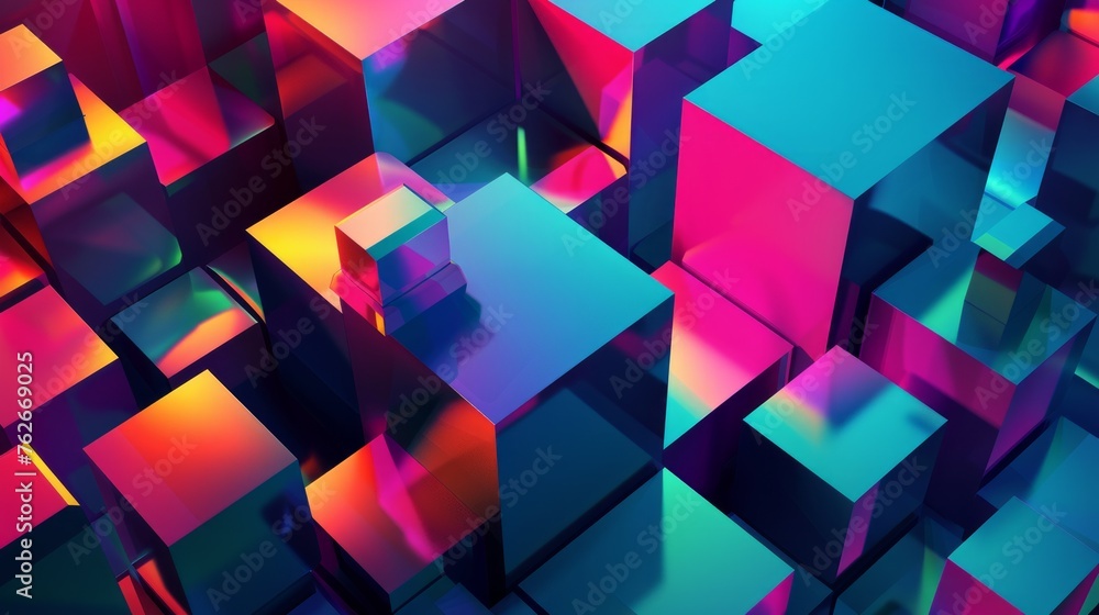 Poster dynamic tech-inspired background featuring colorful abstract cubes in motion, symbolizing connectivi