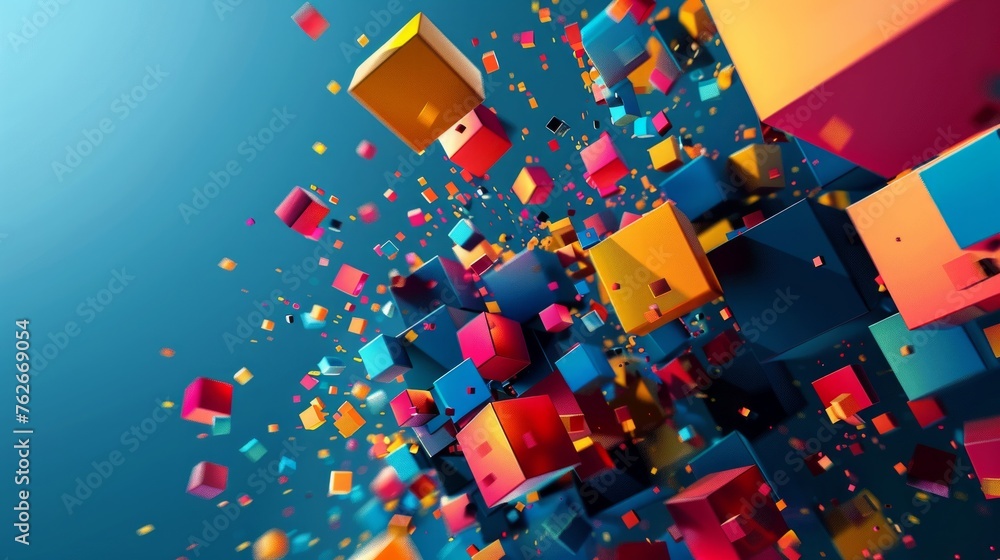 Poster a colorful image of blocks in the air with a blue background