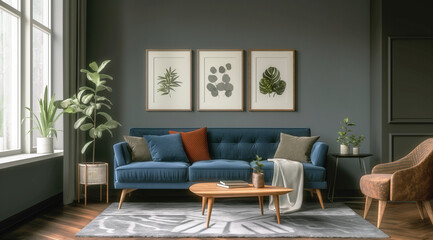 Fototapeta premium Elegant living room interior design with blue velvet sofa, botanical wall art, and potted plants