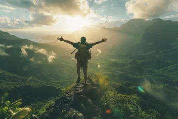 Foto op Aluminium Tourist athlete rejoices climbing a mountain in a tropical country, success and goal achievement concept, man raised his hands up in delight © Henryzoom