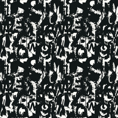 Seamless pattern with alphabet letters in black and white paint splashes, blots and handwritten text. Abstract vector background with latin letters. Suitable for wallpaper, wrapping paper - 762669680