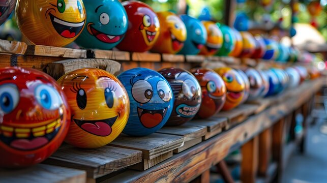 Naklejki Assortment of colorful emoji balls displaying various emotions in a vibrant close up shot