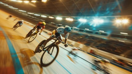 Motion blur of cyclists in velodrome during competitive track cycling race. Dynamic sports action with high speed. - obrazy, fototapety, plakaty