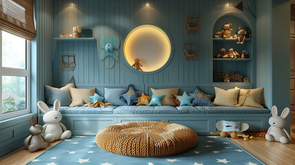 Serene kids' space: Light tones, calm vibe, perfect for play and relaxation - obrazy, fototapety, plakaty