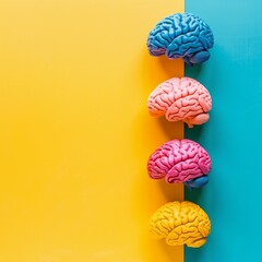 Six colorful brain models aligned on a split yellow and blue background, symbolizing neurodiversity