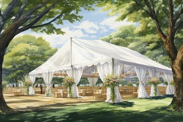 Illustration Wedding tent for a summer wedding celebration in nature, a tent surrounded by flowers - obrazy, fototapety, plakaty