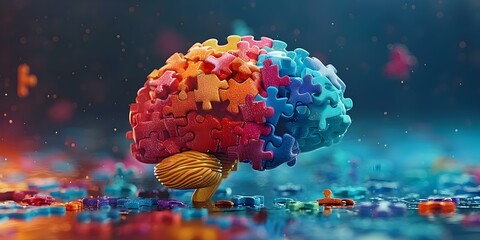 Colorful Brain Puzzle: Exploring Connections and Functions within the Complex Mind. Concept Neuroscience, Brain Functions, Neural Connections, Cognitive Processes, Colorful Brain Art - obrazy, fototapety, plakaty