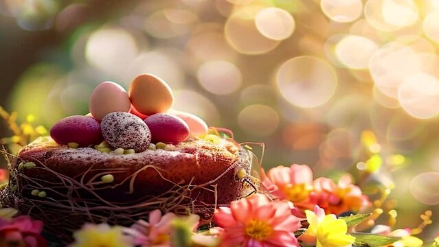 Easter cake and eggs on the table. Selective focus. Food.