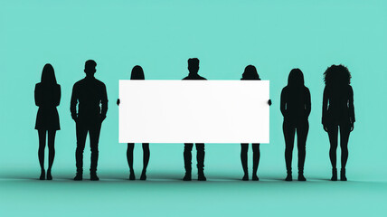 A diverse group of silhouetted individuals stands against a teal backdrop, holding a large, blank white banner