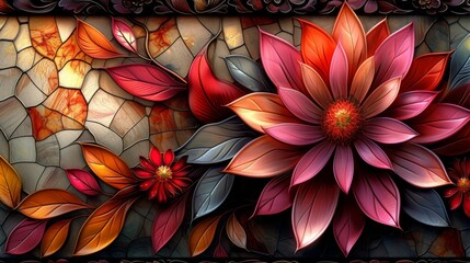  A golden-brown stained glass window depicting vibrant flowers and falling leaves - obrazy, fototapety, plakaty