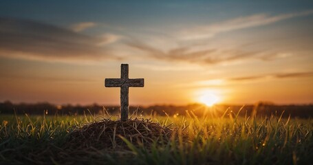 Cross Standing in a Field at Sunset, Embracing Themes of Faith and Renewal