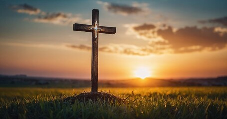 cross standing at sunrise summer vibes with religious faith  - obrazy, fototapety, plakaty
