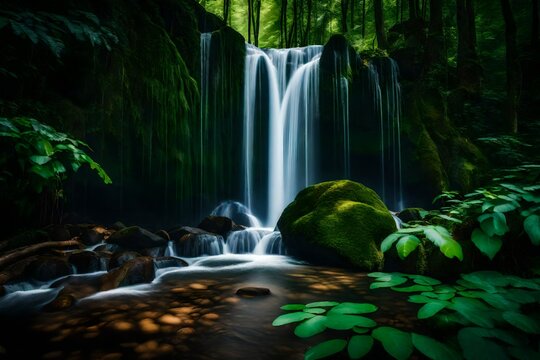 A mesmerizing long exposure photograph of a waterfall, with the water appearing like a curtain of silk against the backdrop of a lush forest