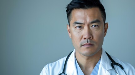 Confident Asian male doctor in white lab coat with stethoscope against light grey background. Studio portrait