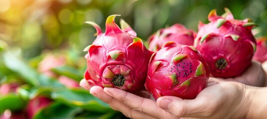 Dragon fruit selection  hand holding vibrant dragon fruit on blurred background with copy space