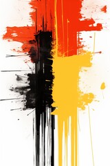 Abstract expressionist artwork with bold black, red, and yellow streaks against a white background, depicting dynamic motion