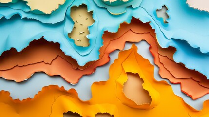 Artistic cut-out of colorful ink droplets on layered paper surface in orange, yellow, blue, and brown for a creative abstract design - obrazy, fototapety, plakaty