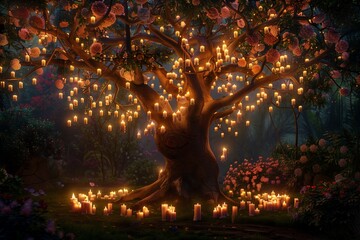 At the heart of a lush, vibrant garden, a magnificent tree bursts into bloom, its branches ablaze with the soft glow of countless candles. - obrazy, fototapety, plakaty