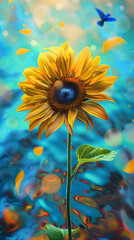 Vibrant Sunflower Blooming on a Color-Spectrum Sky, A Whimsical Illustrative Design