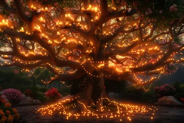 At the heart of a lush, vibrant garden, a magnificent tree bursts into bloom, its branches ablaze with the soft glow of countless candles.